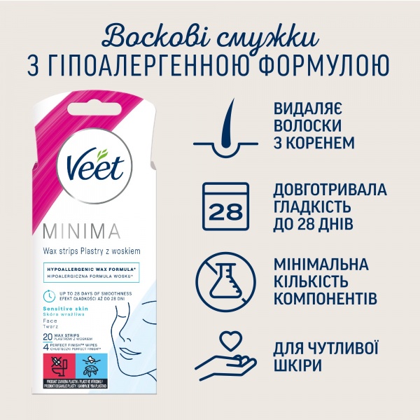 Воскові смужки Veet MINIMA для чутливої шкіри обличчя гіпоалергенні 20 шт./уп.