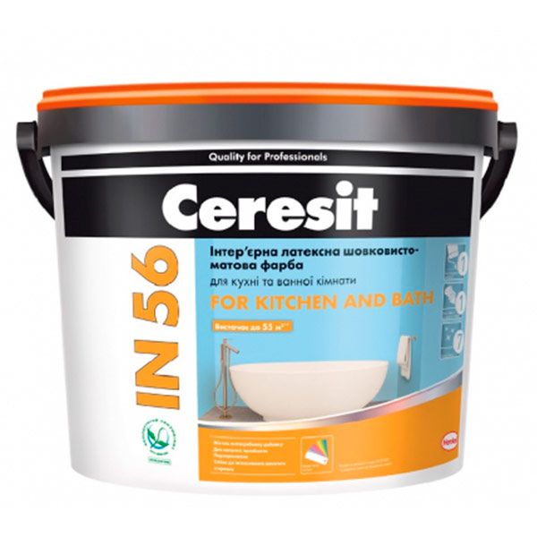 Краска интерьерная латексная акриловая Ceresit IN 56 For Kitchen and Bath шелковистый мат белый 1л 