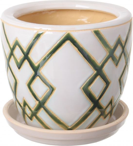 Горщик Viet Thanh Ceramic з блюдцем ромб 22х18 см VT.10796-2 круглий білий із зеленим 