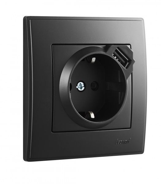 Розетка + USB із заземленням Lezard Lesya без шторок антрацит 705-4242-181