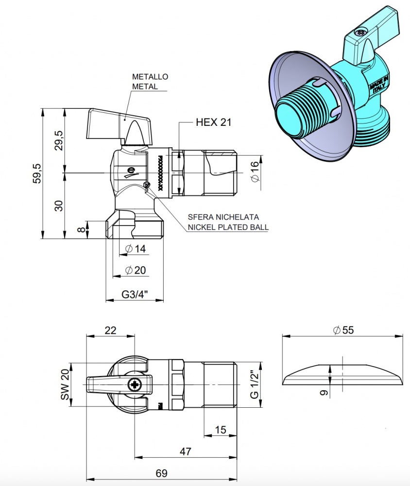 Кран шаровой Rhein для стиральной машины 1/2x3/4 н-н 240050000