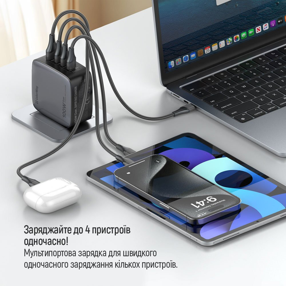 Сетевое зарядное устройство ColorWay Power Delivery GaN (USB-A + 3USB TYPE-C) (100W)