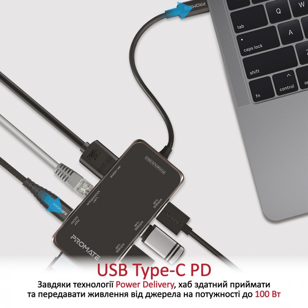USB-хаб Promate PrimeHub-Mini USB-C PD/HDMI/3xUSB 3.0/RJ45/SD/MicroSD Grey