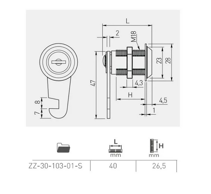 Замок мебельный GTV Z-103 врезной для ящиков ZZ-30-103-01-S