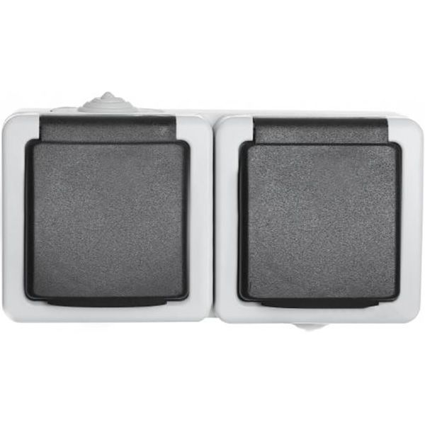 Розетка вологозахищена подвійна із заземленням Титан зі шторками з кришкою білий із чорним 88623