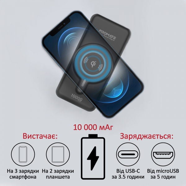 Портативное зарядное устройство Promate PowerMag-10 10 m/Ah black