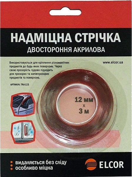 Монтажна двостороння стрічка Елкор прозора 12 мм х 3 м TRA123