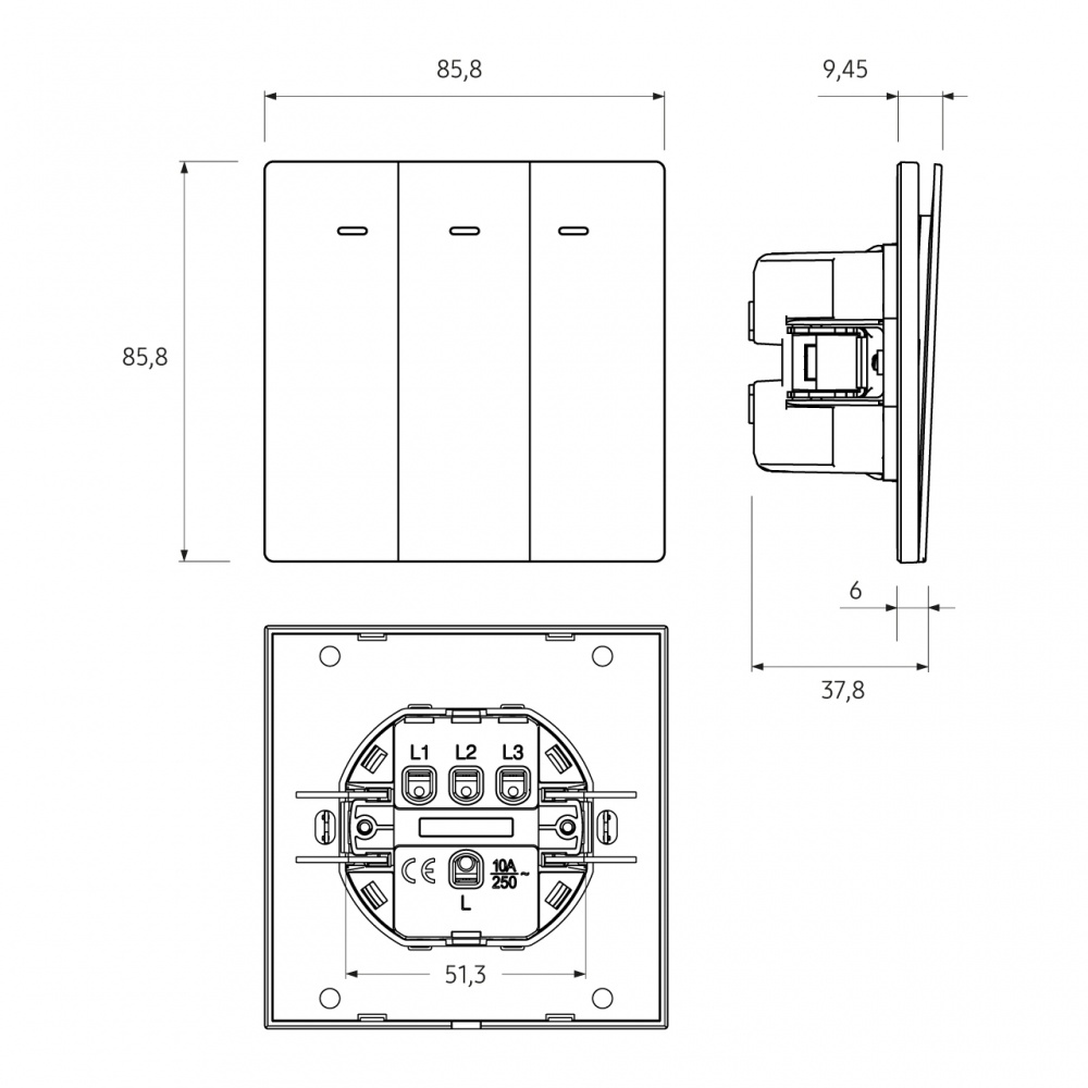 Вимикач триклавішний HausMark INO з підсвіткою білий LS-3G LED-EU-White
