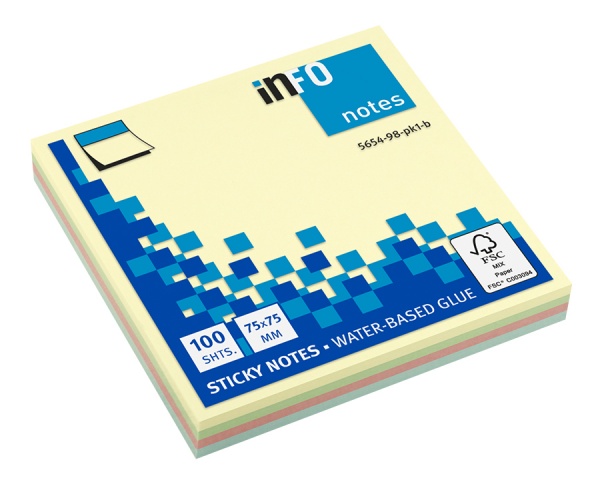 Блоки бумажные самоклеящиеся с липким слоем Notes 75x75x100 Rainbow pastel INFO