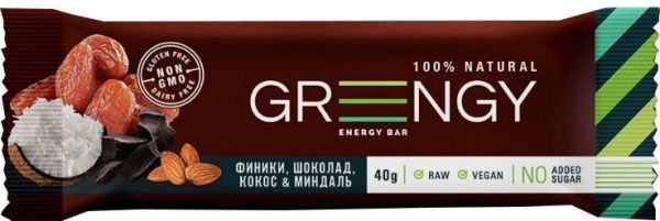 Батончик Greengy ФИНИКИ, ШОКОЛАД, КОКОС И МИНДАЛЬ 40 г