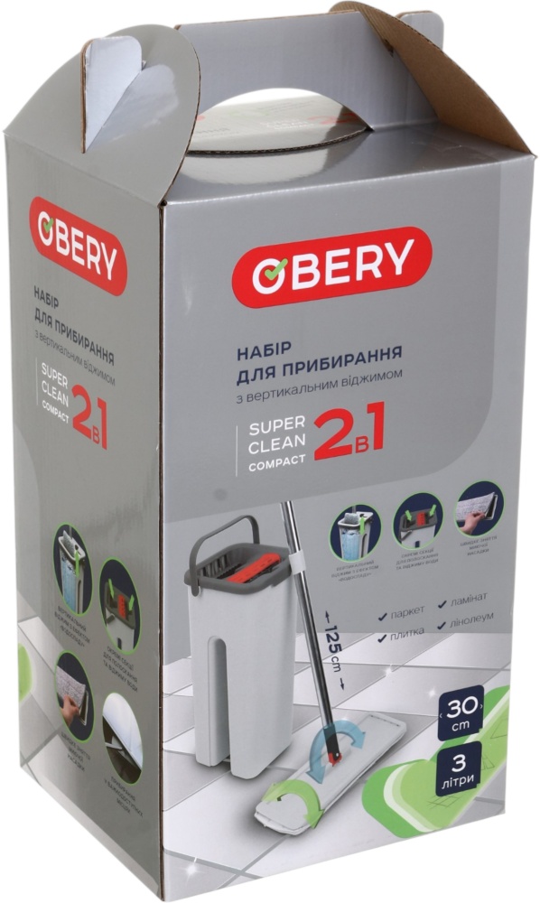 Набір для прибирання для підлоги OBERY з вертикальним віджимом Super Clean Compact 2в1 30 см сірий