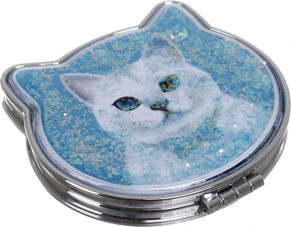 Зеркало карманное косметическое Лідер Канц Котик с сыпучими блестками фигурное 12 вариантов в ассортименте 