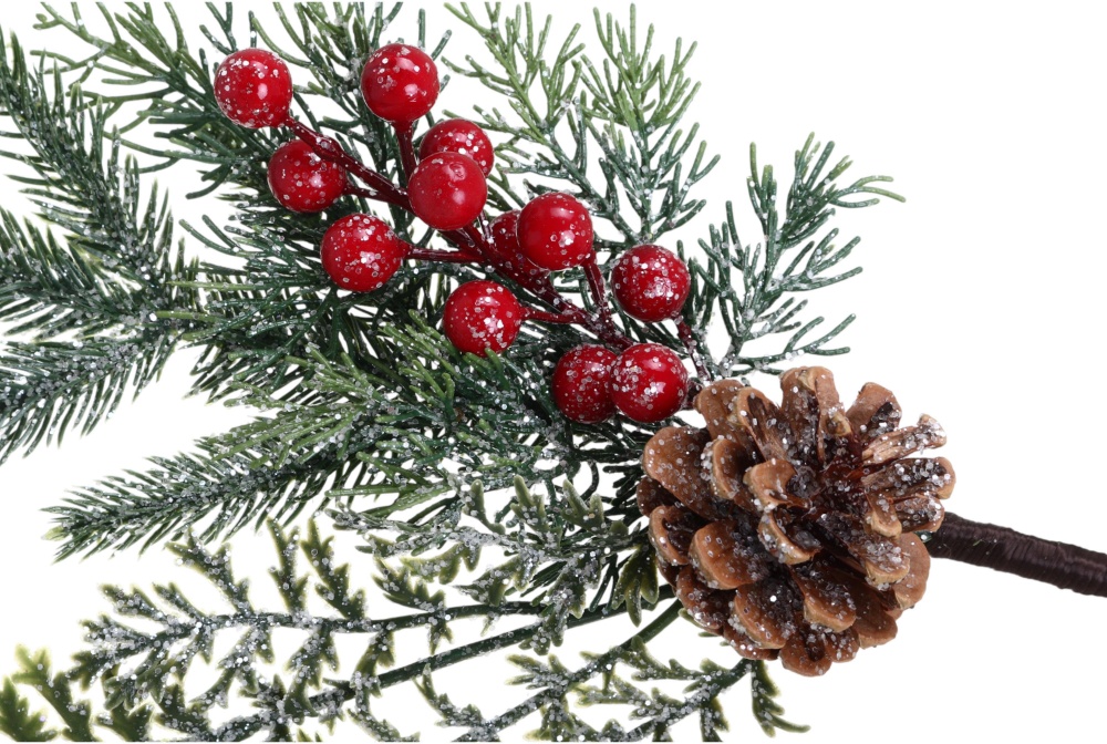 Веточка декоративная хвойная с шишкой и ягодами 45 см ESX24372