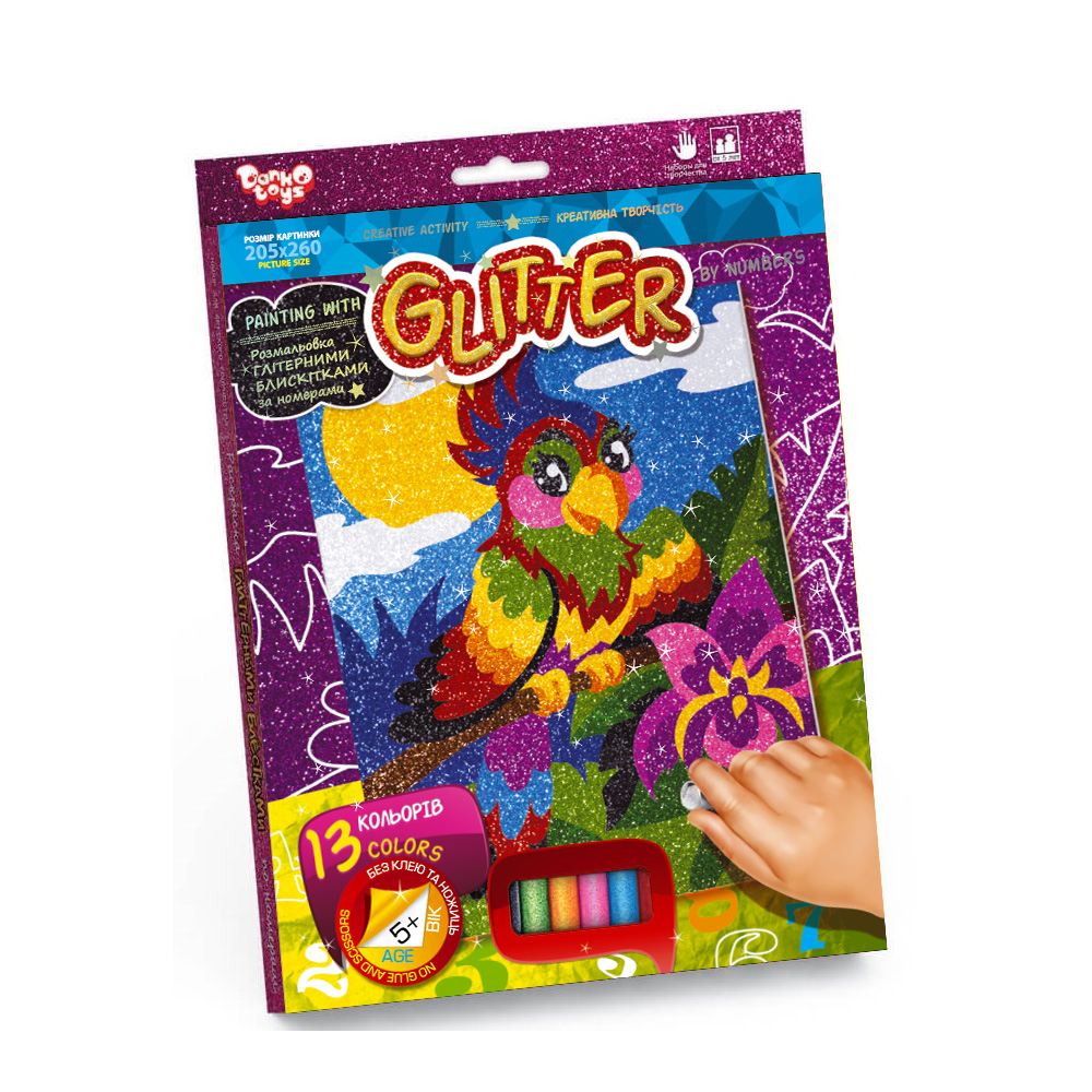 Набор для творчества Danko Toys Раскраска глиттерными блестками по номерам мини №4 попугай РГН-02-04