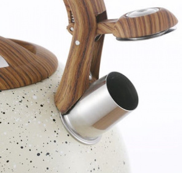 Чайник со свистком белый гранит с ручкой под дерево 3 л Empire