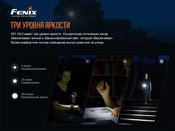 Фонарик Fenix ручной E01 V2.0 ЧОРНИЙ, 100лм