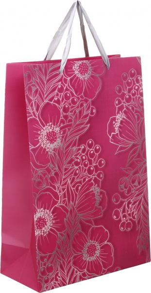 Пакет подарочный SuperL пл D-1143 розовый серебряные цветы с лаком глитер.