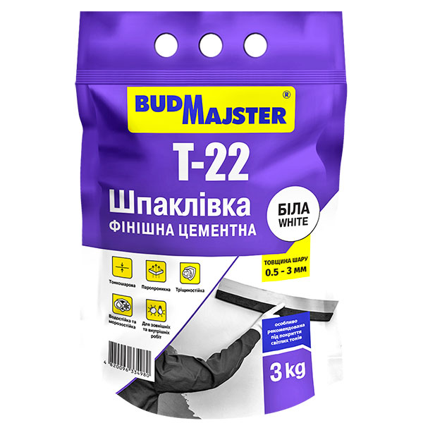 Шпаклевка BudMajster Т-22, финишная, цементная белая, 3кг