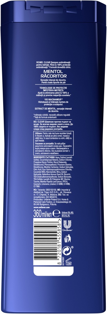 Шампунь CLEAR для чоловіків щоденний крижана свіжість з ментолом 360 мл