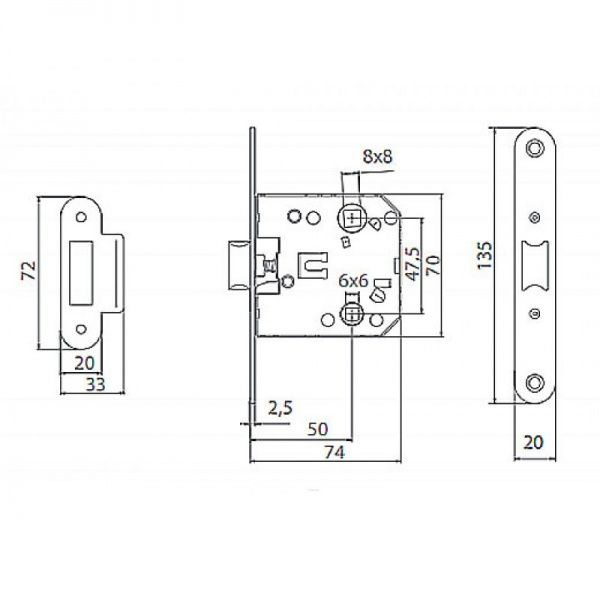 Замок врезной с ручками WC Linde А-2005 SN 72 мм никель без петель
