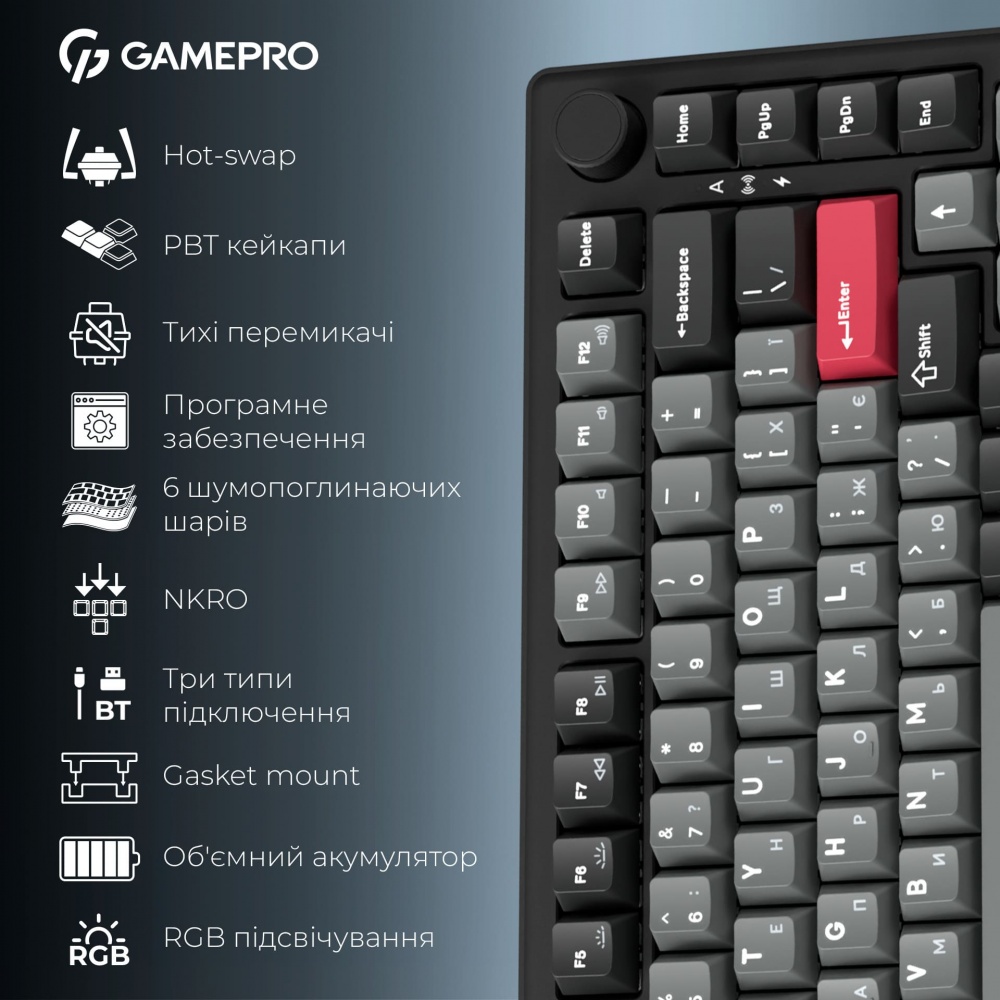 Клавиатура игровая GamePro (MK266BK) Asgard Yord Keychron Super Red Switch Wireless/Bluetooth/USB Black black