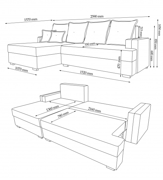 Диван кутовий VECTOR Ріо лівий сірий 2590x1570x1050 мм