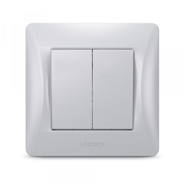 Выключатель двухклавишный Videx Binera без подсветки серебряный шелк VF-BNSW2-SS