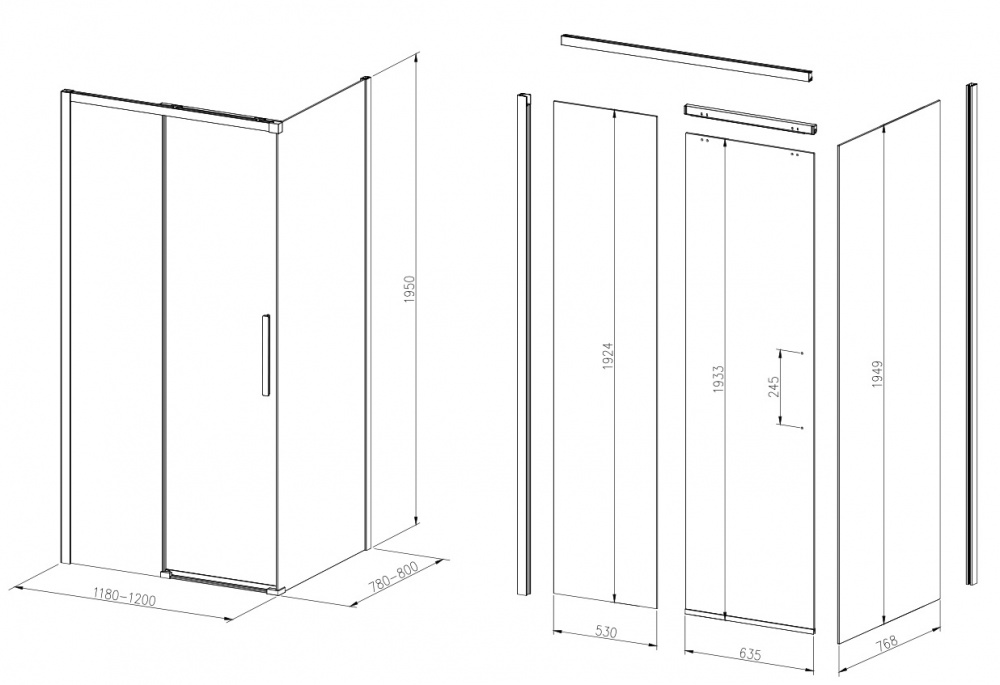 Душевое ограждение EGO PURE 120х80х195 см L/R, прямоугольная раздв., стекло проз 8мм, проф хром алюм
