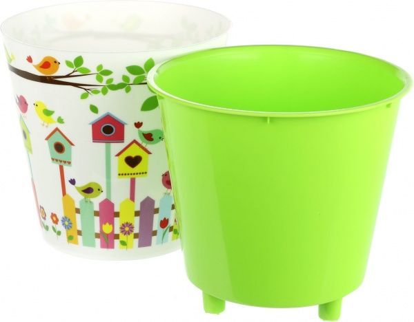 Горщик пластиковий Алеана Деко Пташки круглий 1л білий із салатовим 