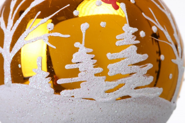 Куля новорічна з простим пейзажним малюнком d 80 мм помаранчевий