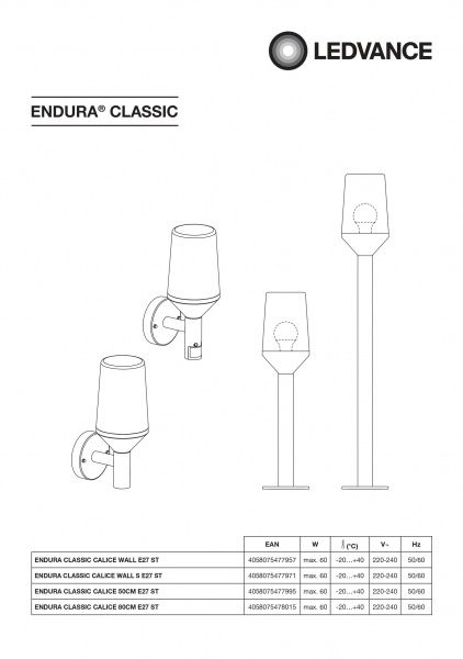 Стовп Ledvance Calice Wall серії Endura Classic E27 IP44 нержавіюча сталь 