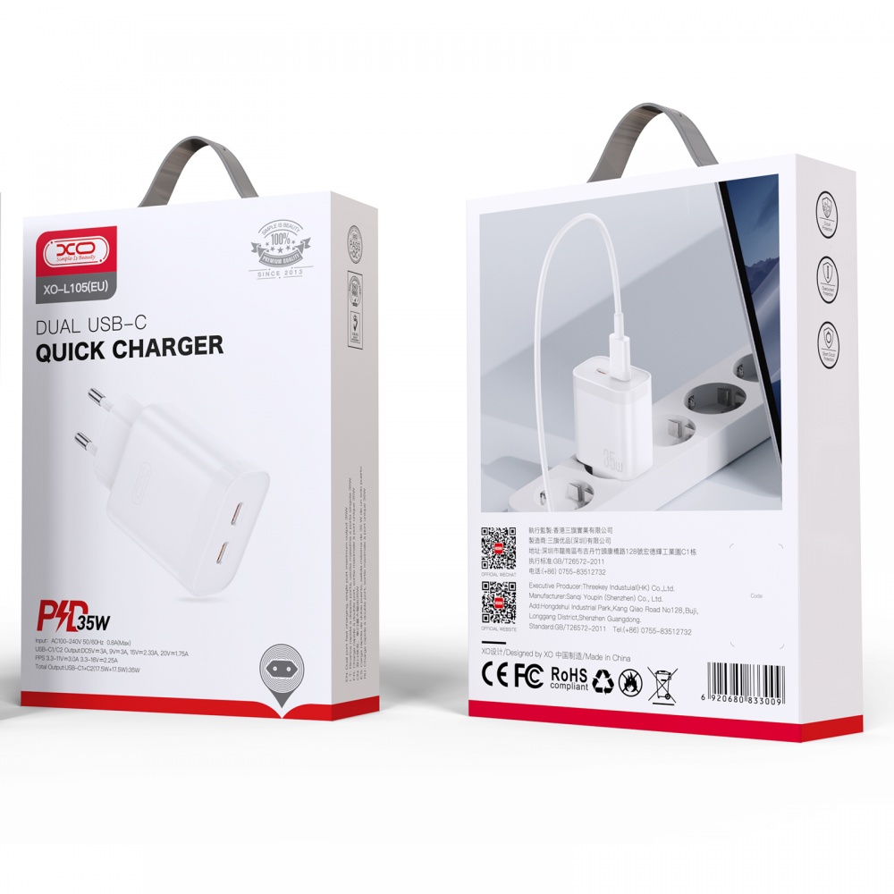 Сетевое зарядное устройство Xo L105 35W 2хUSB-C White (L105.white)