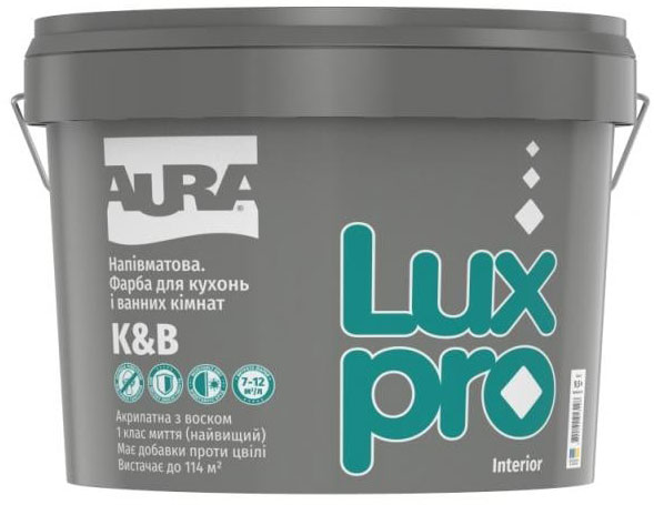 Краска интерьерная акриловая водоэмульсионная Aura® Luxpro K&B полумат белый 9,5л 12,16кг