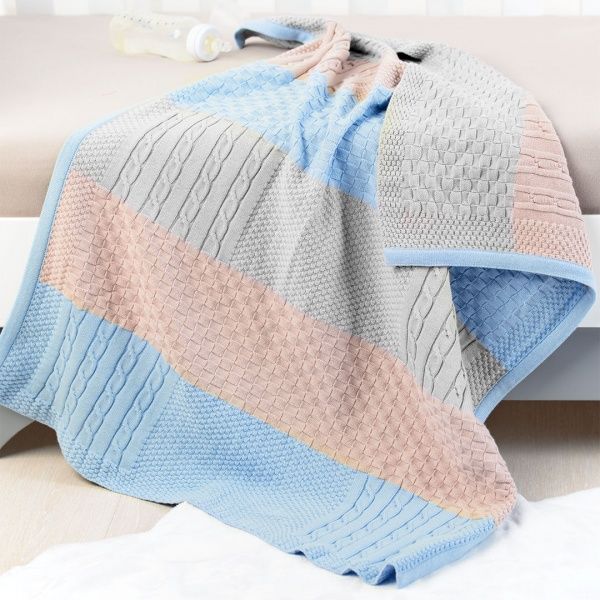 Плед IDEIA вязаный Малыш пэчворк + шапочка 70х90 см голубой 8000029910 