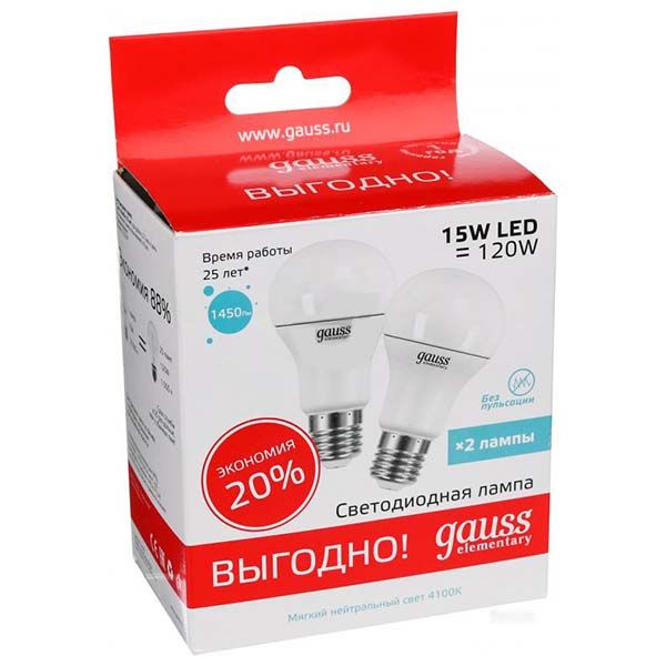 Лампа LED Gauss Elementary A60 15 Вт E27 4100K 2 шт