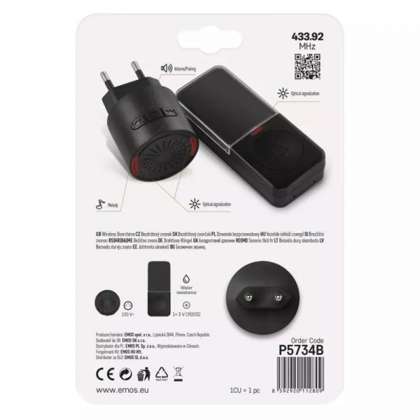 Звонок беспроводной в розетку Emos черный P5734B