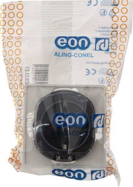 Розетка с заземлением Aling-Conel Eon без шторок с крышкой черный E633.E1