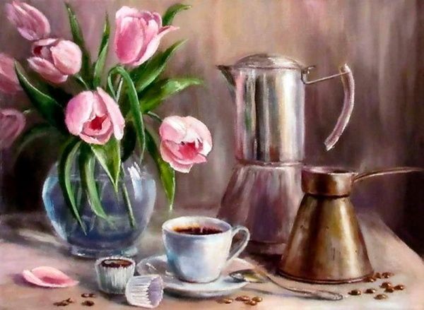 Картина стразами на підрамнику Аромат кави і квітів 40x50 см 188577 Діамантові ручки 