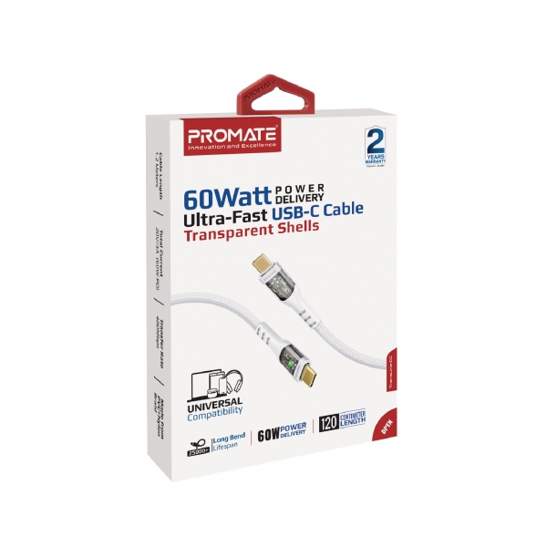 Кабель Promate TransLine-CC USB-C to USB-C 60W Power Delivery 1,2 м білий (transline-cc.white) 