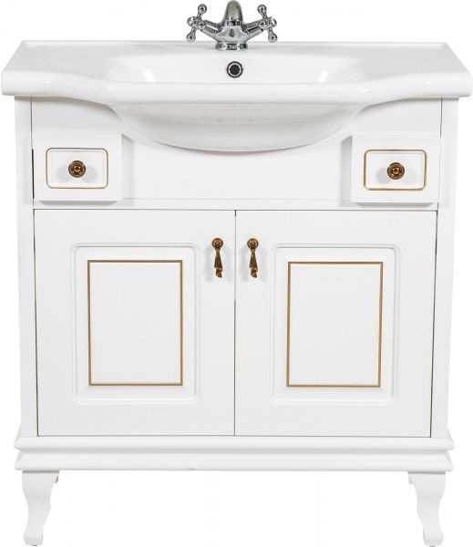 Тумба напольная Aqua Rodos Беатриче 80 белая патина золото с умывальником New Klasik