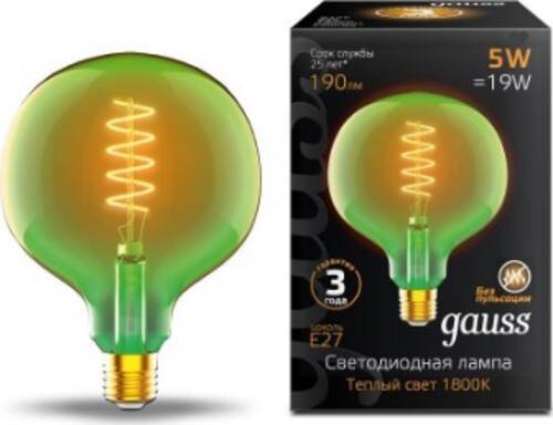 Лампа світлодіодна Gauss Black FIL green G125 5 Вт E27 1800 К 220 В прозора 1012802105 