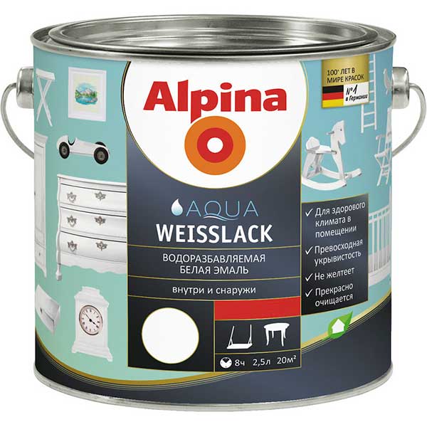 Емаль Alpina акрилова Aqua Weisslack SM білий шовковистий мат 2,5л