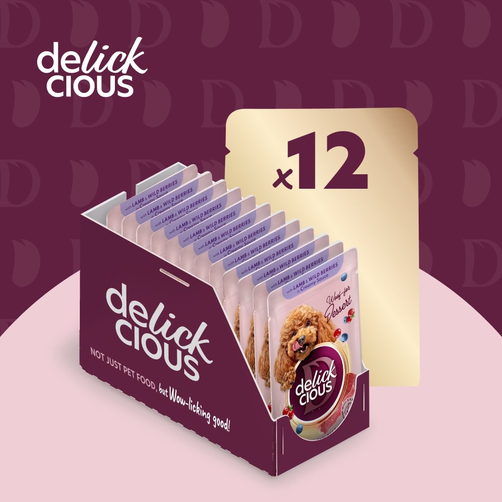 Корм влажный DELICKCIOUS Хлопья с ягненка и лесными ягодами в сливочном соусе» 80 г