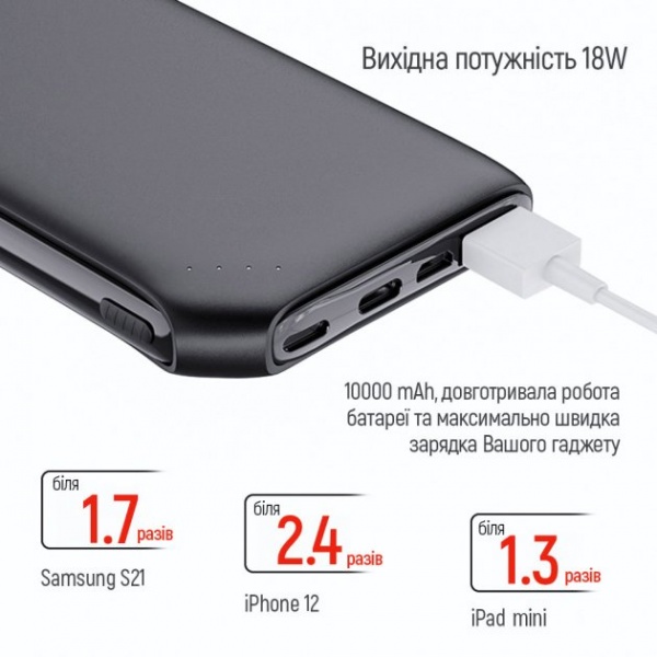 Внешний аккумулятор (Powerbank) ColorWay Soft touch Ligthning + USB QC3.0 + USB-C PD 18W 10000 mAh black (CW-PB100LPE3BK-PD) 