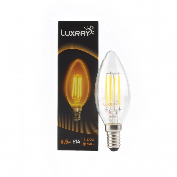 Лампа светодиодная Luxray FIL 6,5 Вт C37 прозрачная E14 220 В 2700 К LXF427-B35-1406/5 