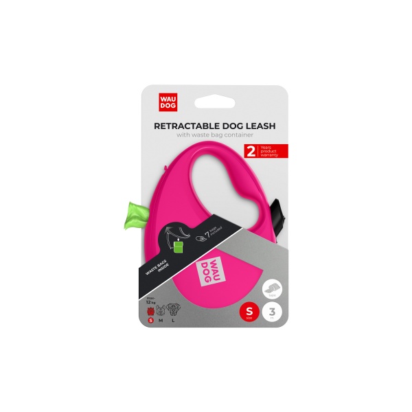 Повідець-рулетка Waudog R-leash з контейнером для пакетів S до 12 кг 3 м рожевий
