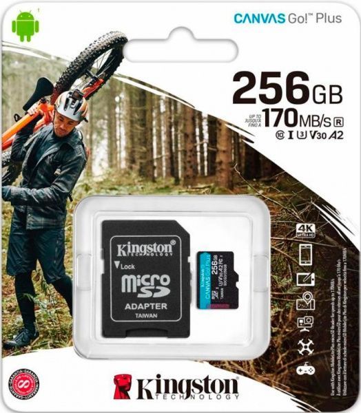 Карта пам'яті Kingston microSDXC 256 ГБ Class 10UHS-I Class 3 (U3) (SDCG3/256GB) Canvas Go Plus V30 A2 + SD-адаптер 