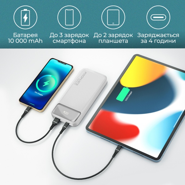Універсальна мобільна батарея Promate 10000 mAh white (torq-10.white) USB-C PD, USB-А QC3.0 