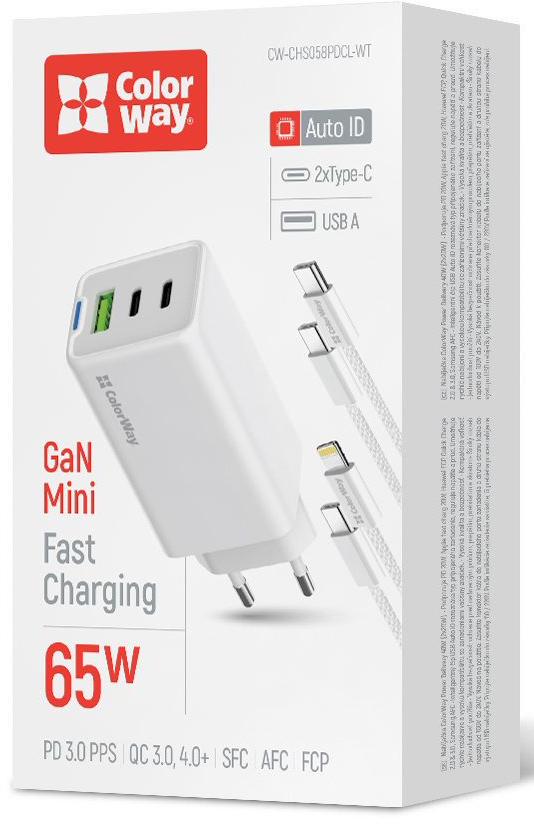 Сетевое зарядное устройство ColorWay GaN Mini 65W PD Port PPS USB (USB-2C1A) cable Type-C&Lightning (CW-CHS058PDCL-WT)