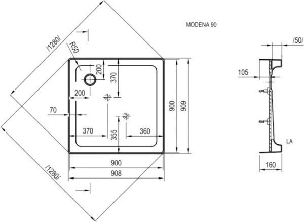 Піддон душовий Ravak Modena 90 ST + сифон Basik 90 chrome